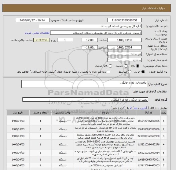 استعلام برآوردمالی لوازم خانگی