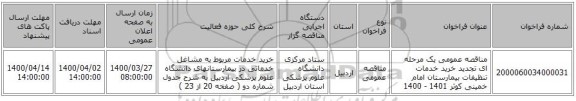 مناقصه عمومی یک مرحله ای تجدید خرید خدمات تنظیفات بیمارستان امام خمینی کوثر 1401 - 1400