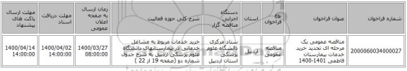 مناقصه عمومی یک مرحله ای تجدید خرید خدمات بیمارستان فاطمی 1401-1400 