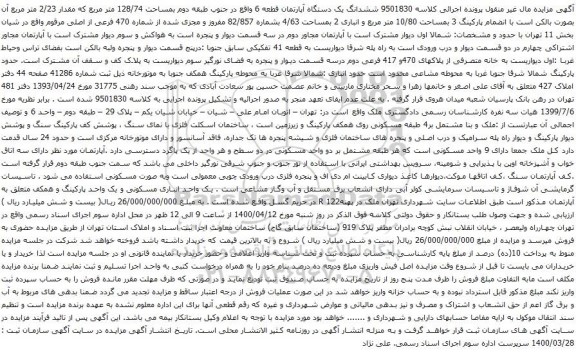 آگهی مزایده ششدانگ یک دستگاه آپارتمان قطعه 6
