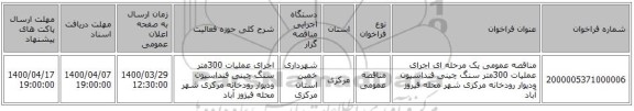مناقصه عمومی یک مرحله ای اجرای عملیات 300متر سنگ چینی فنداسیون ودیوار رودخانه مرکزی شهر محله فیروز آباد