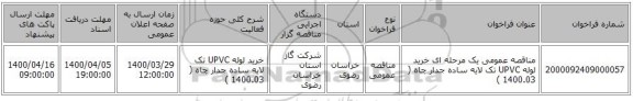 مناقصه عمومی یک مرحله ای خرید لوله UPVC تک لایه ساده جدار چاه ( 1400.03 ) 