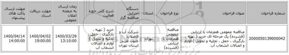 مناقصه عمومی همزمان با ارزیابی (فشرده) یک مرحله ای خرید ( تهیه ، بارگیری ، حمل ، تخلیه و تحویل ) لوازم و اتصالات انشعاب آب