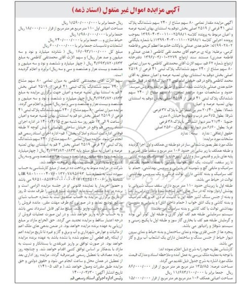 مزایده مزایده 80 سهم مشاع از 240 سهم ششدانگ پلاک ثبتی 41