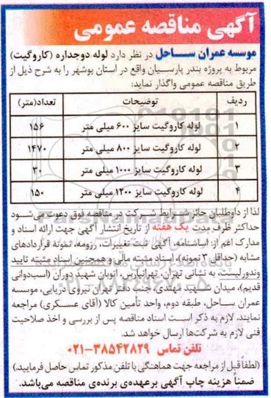 مناقصه لوله دو جداره (کاروگیت) 