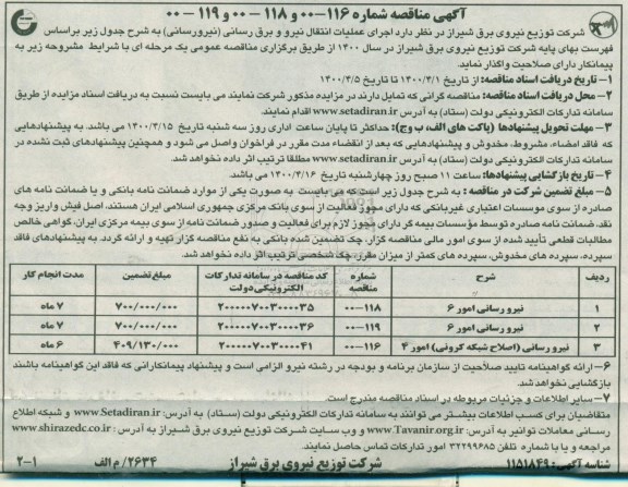 مناقصه اجرای عملیات انتقال نیرو و برق رسانی