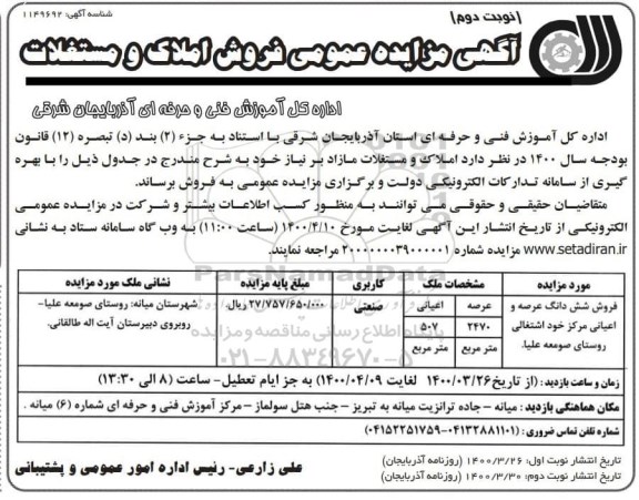 مزایده،مزایده فروش املاک و مستغلات کاربری صنعتی نوبت دوم