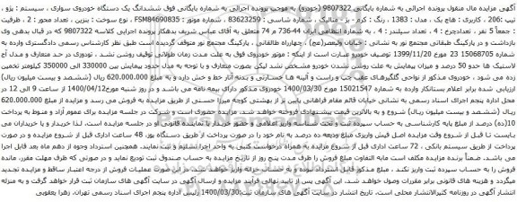 آگهی مزایده ششدانگ یک دستگاه خودروی سواری سیستم  پژو  تیپ 206