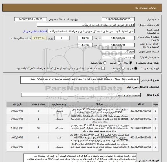استعلام خرید دوربین مدار بسته ، دستگاه ظبط ویدیو ، هارد و سویچ طبق لیست پیوست-ایران کد مشابه است 
