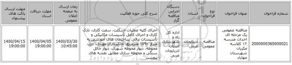 مناقصه عمومی یک مرحله ای احداث مدرسه ۱۲ کلاسه مکریان شهرستان مهاباد