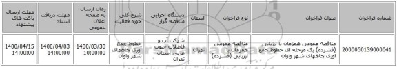 مناقصه عمومی همزمان با ارزیابی (فشرده) یک مرحله ای خطوط جمع آوری چاههای شهر واوان