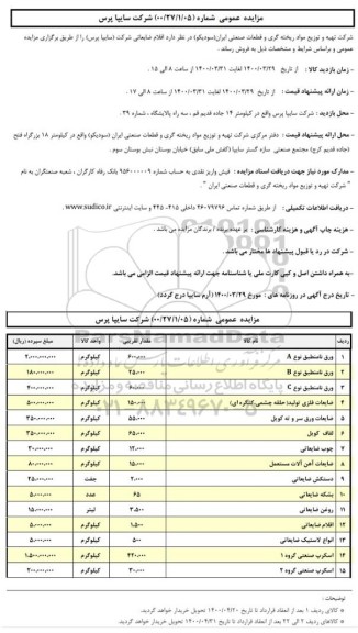 مزایده، مزایده فروش اقلام ضایعاتی ورق نامنطبق