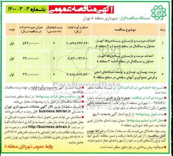 مناقصه احداث، مرمت و بازسازی پیاده روها، انهار، جداول و سنگدال در سطح ناحیه ...