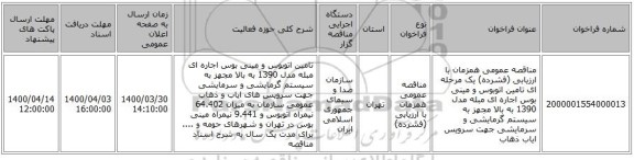 مناقصه عمومی همزمان با ارزیابی (فشرده) یک مرحله ای تامین اتوبوس و مینی بوس اجاره ای مبله مدل 1390 به بالا مجهز به سیستم گرمایشی و سرمایشی جهت سرویس ایاب ذهاب