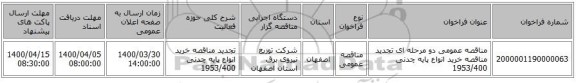 مناقصه عمومی دو مرحله ای تجدید مناقصه خرید انواع پایه چدنی 1953/400