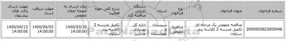 مناقصه عمومی یک مرحله ای تکمیل مدرسه 2 کلاسه بزم سراوان