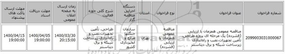 مناقصه عمومی همزمان با ارزیابی (فشرده) یک مرحله ای پروژه طراحی، تأمین تجهیزات،نصب و راه‌اندازی زیرساخت شبکه  و برق دیتاسنتر   