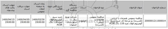 مناقصه عمومی همزمان با ارزیابی (فشرده) دو مرحله ای خرید سیم آلومینیوم فولاد نمره 118 داگ ACSR 