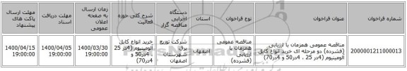 مناقصه عمومی همزمان با ارزیابی (فشرده) دو مرحله ای خرید انواع کابل آلومینیوم (4در 25 ، 4در50 و 4در70)