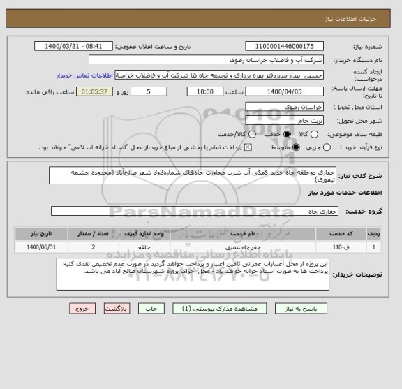 استعلام حفاری دوحلقه  چاه جدید کمکی آب  شرب مجاورت چاه های شماره2و3 شهر صالح آباد (محدوده چشمه  تیموری)