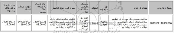 مناقصه عمومی یک مرحله ای تنظیف ساختمانهای اداری و آموزشی شهرستان خرم آباد ناحیه 1-الشتر - نورآباد - کاکاوند - بیرانشهر