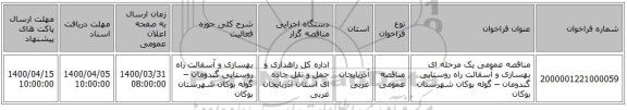 مناقصه عمومی یک مرحله ای بهسازی و آسفالت راه روستایی گندومان – گوله بوکان شهرستان بوکان
