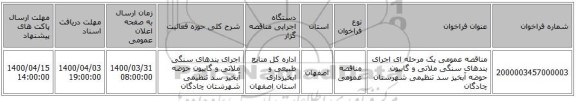 مناقصه عمومی یک مرحله ای اجرای بندهای  سنگی ملاتی و گابیون حوضه آبخیز سد تنظیمی شهرستان چادگان