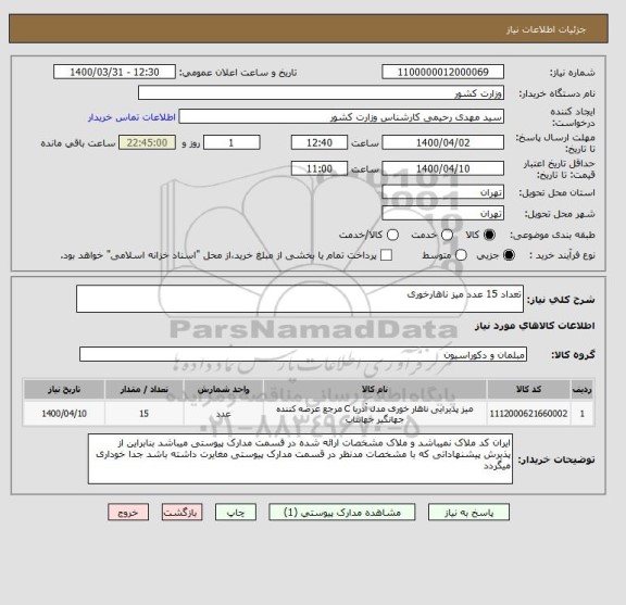 استعلام تعداد 15 عدد میز ناهارخوری