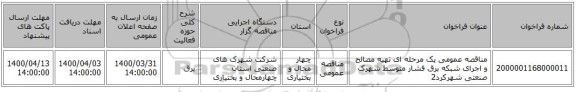 مناقصه عمومی یک مرحله ای تهیه مصالح و اجرای شبکه برق فشار متوسط شهرک صنعتی شهرکرد2