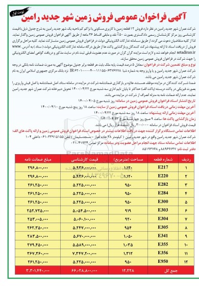 مزایده مزایده فروش 12 قطعه زمین با کاربری مسکونی نوبت اول 