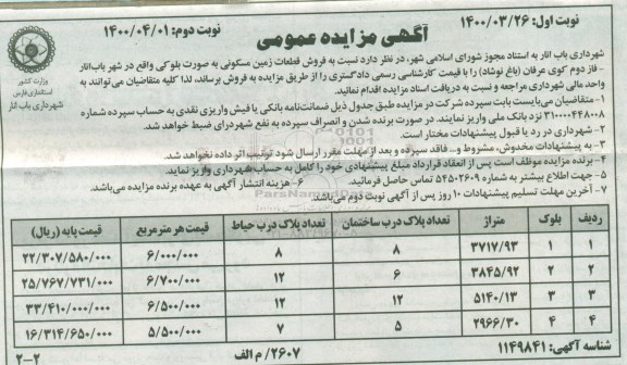 مزایده مزایده فروش قطعات زمین مسکونی نوبت دوم