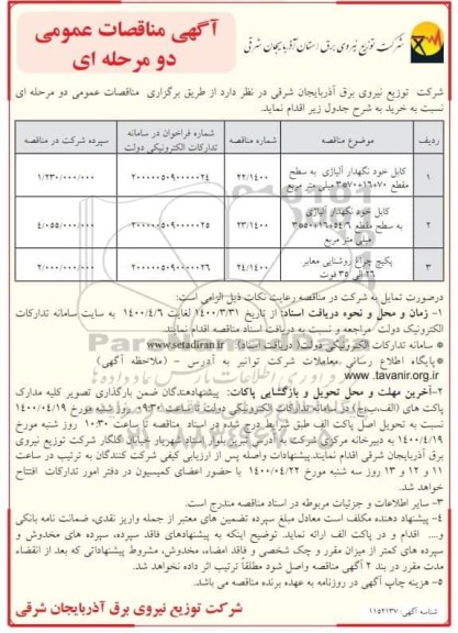 مناقصه کابل خودنگهدار آلیاژی ..