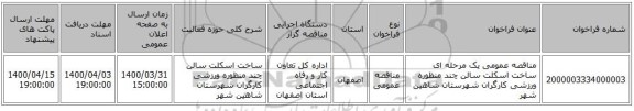 مناقصه عمومی یک مرحله ای ساخت اسکلت سالن چند منظوره ورزشی کارگران شهرستان شاهین شهر
