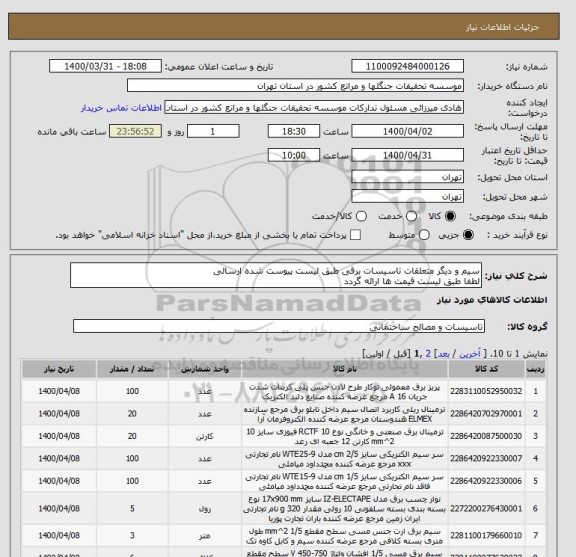 استعلام سیم و دیگر متعلقات تاسیسات برقی طبق لیست پیوست شده ارسالی 
لطفا طبق لیست قیمت ها ارائه گردد