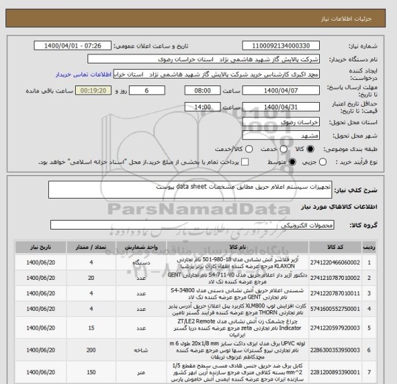 استعلام تجهیزات سیستم اعلام حریق مطابق مشخصات data sheet پیوست 