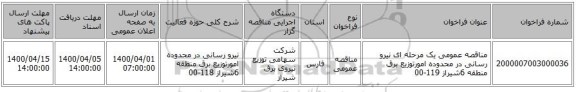 مناقصه عمومی یک مرحله ای نیرو رسانی در محدوده امورتوزیع برق منطقه 6شیراز  119-00