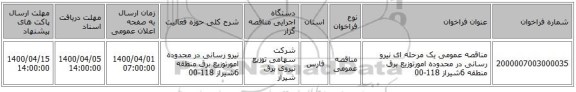 مناقصه عمومی یک مرحله ای نیرو رسانی در محدوده امورتوزیع برق منطقه 6شیراز  118-00