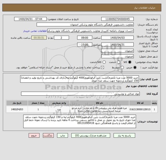 استعلام خرید 5000 عدد مربا تکنفره(کشت چین آلبالو،هویج)400 کیلوگرم لپه(دارای کد بهداشتی و تاریخ تولید و انقضاء) 150 کیلوگرم زردچوبه جهت سلف غذا خوری 