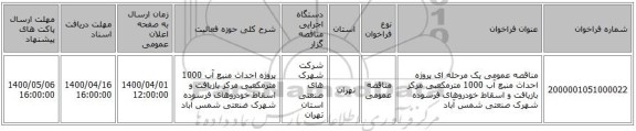 مناقصه عمومی یک مرحله ای پروژه احداث منبع آب 1000 مترمکعبی مرکز بازیافت و اسقاط خودروهای فرسوده شهرک صنعتی شمس آباد