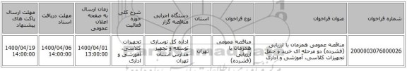 مناقصه عمومی همزمان با ارزیابی (فشرده) دو مرحله ای خرید و حمل تجهیزات کلاسی، آموزشی و اداری 