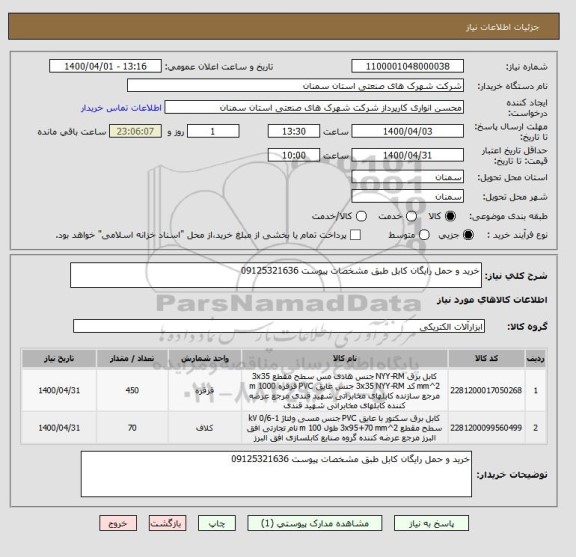 استعلام خرید و حمل رایگان کابل طبق مشخصات پیوست 09125321636
