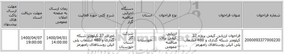 فراخوان ارزیابی کیفی پروژه 37 کیلومتر شبکه گذاری و 480 انشعاب پلی اتیلن روستاهای رامهرمز