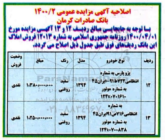 مزایده پژو پارس