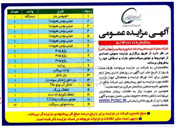 مزایده تعدادی از خودروها و موتورسیکلتهای مازاد و اسقاطی 