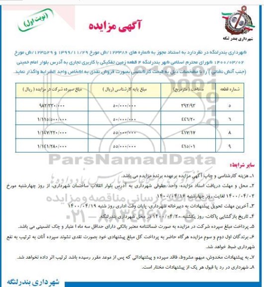 مزایده، مزایده فروش 4 قطعه زمین تفکیکی با کاربری تجاری نوبت اول