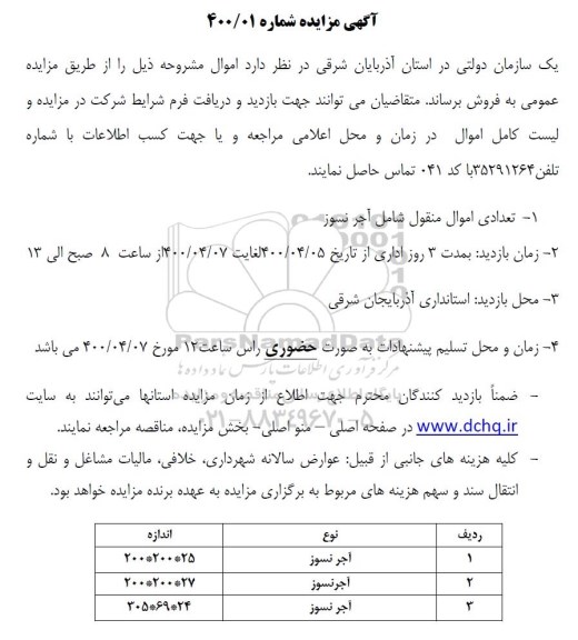 مزایده تعدادی اموال منقول شامل آجر نسوز