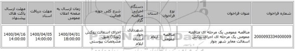 مناقصه عمومی یک مرحله ای مناقصه عمومی یک مرحله ای اجرای روکش اسفالت معابر شهر چوار 