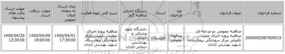 مناقصه عمومی دو مرحله ای  مناقصه پروژه اجرای عملیات تکمیلی مرکز سوختگی بیمارستان شهید بهشتی آبادان 