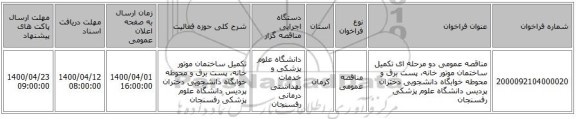 مناقصه عمومی دو مرحله ای تکمیل ساختمان موتور خانه، پست برق و محوطه خوابگاه دانشجویی دختران پردیس دانشگاه علوم پزشکی رفسنجان