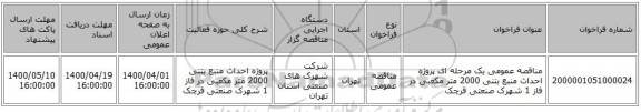 مناقصه عمومی یک مرحله ای پروژه احداث منبع بتنی 2000 متر مکعبی در فاز 1 شهرک صنعتی قرچک